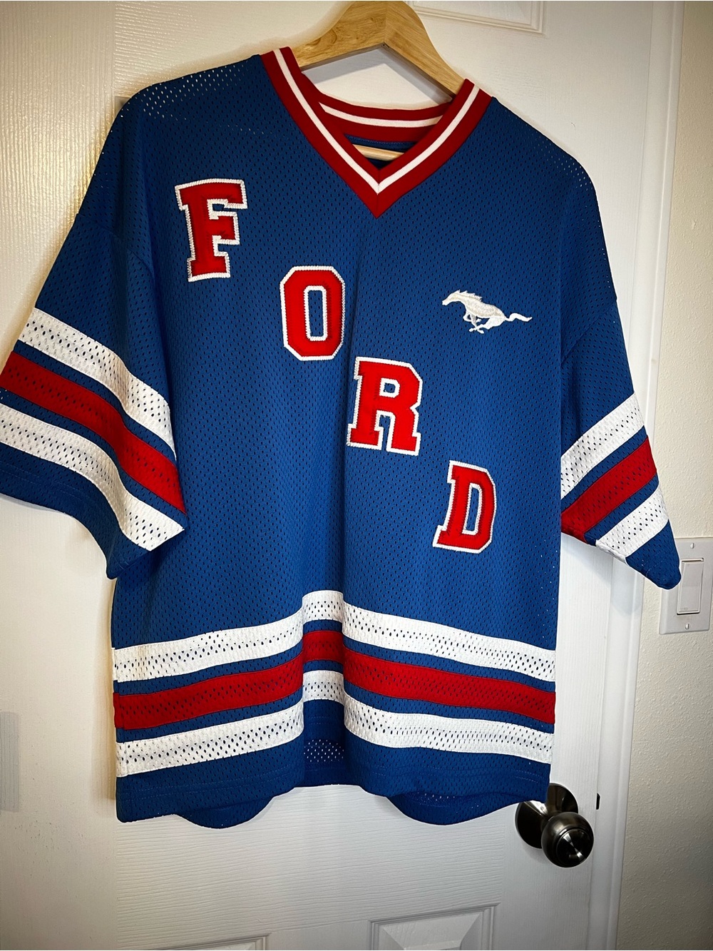 PacSun Blue Mesh Ford Letterman-Style Jersey with Red & White Trim